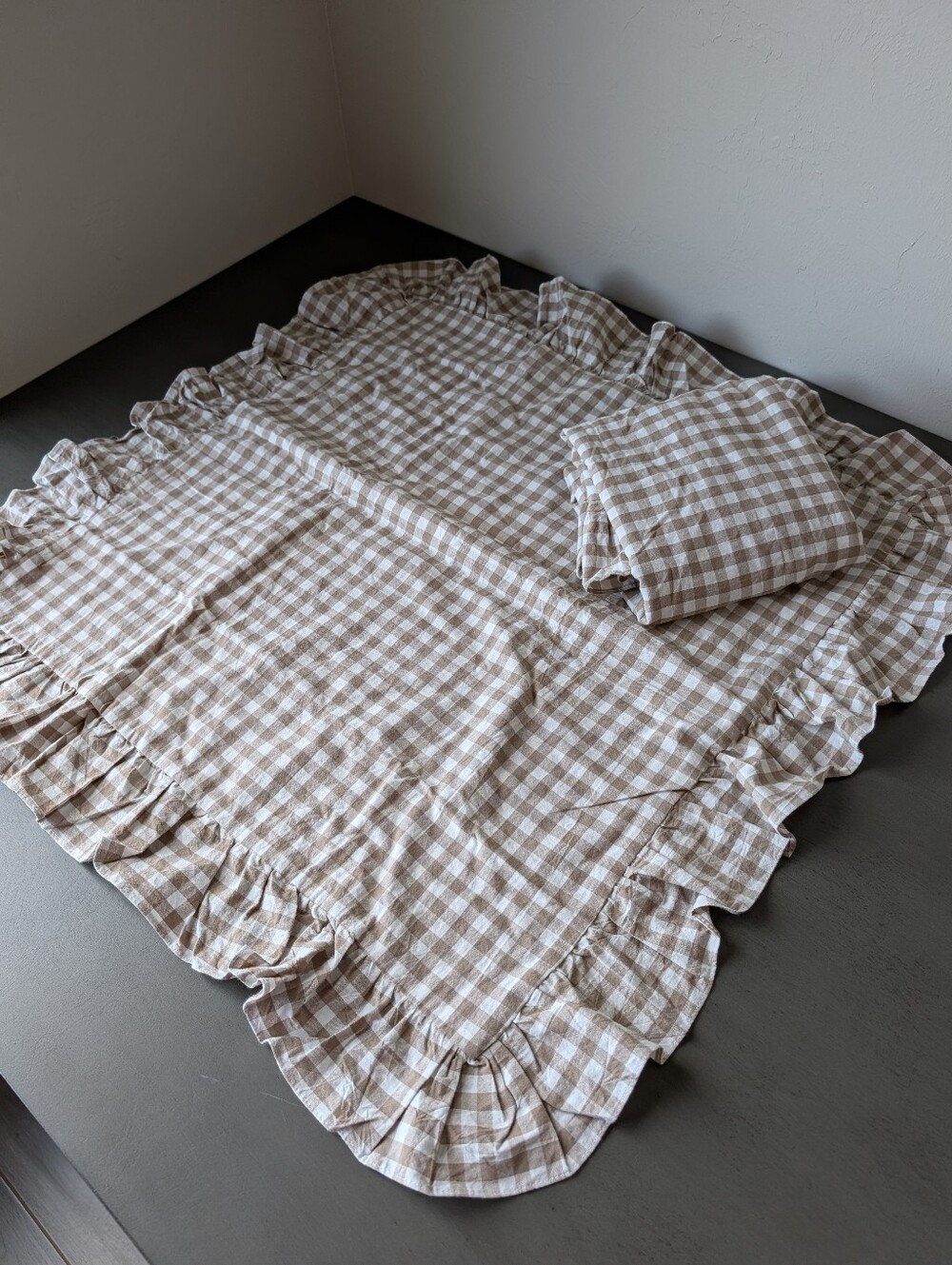 2 Silnuo Gingham Brown Cream Cotton Pillowcases Size 24"X24" Shabby Chic Vintage